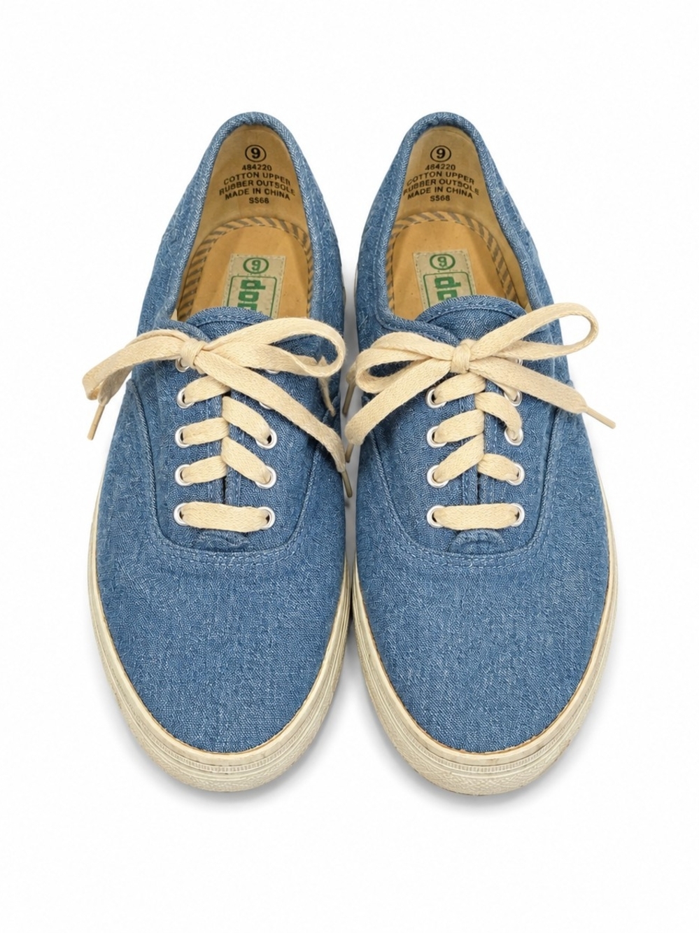 Vintage Denim Blue Canvas Lace-Up Sneakers with Cream Laces, Size 9